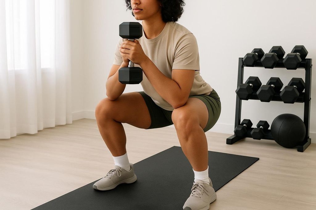 A woman performs a goblet squat in a home gym with dumbbells and a medicine ball in the background.