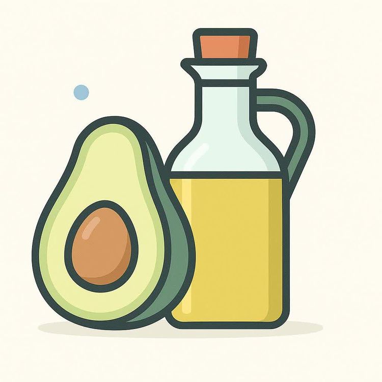 A simple flat illustration of a halved avocado with its pit and a glass bottle filled with golden olive oil. The background is a light cream color with a subtle texture and a small blue dot.