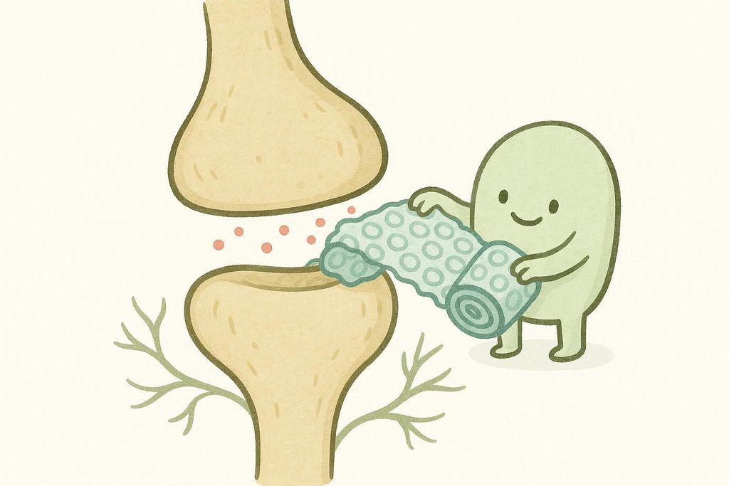 An illustration of a green blob-like creature, meant to represent a protein, wrapping a brain synapse in bubble wrap, illustrating how the RBM3 protein protects neural connections.