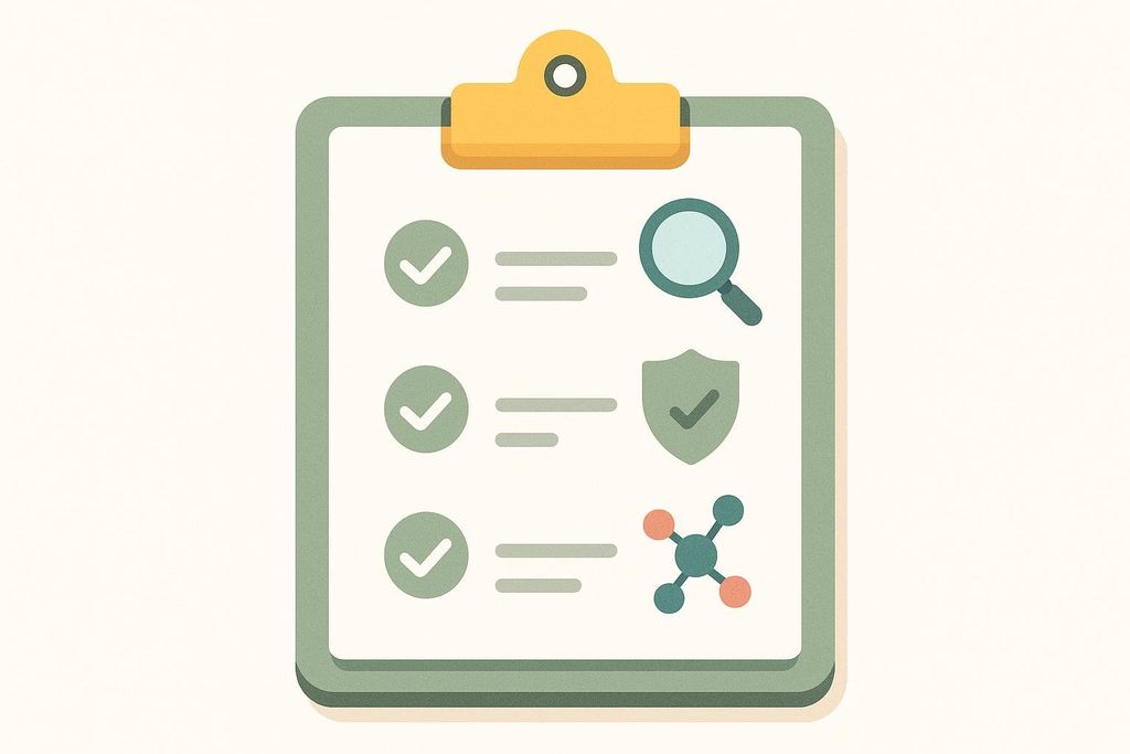 An illustration of a checklist on a clipboard with three items marked with green checkmarks. Each item line also features an icon: a magnifying glass, a shield with a checkmark, and a molecular structure with four atoms.