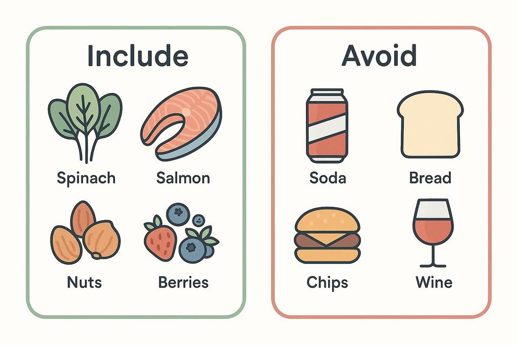 An infographic showing two columns of foods: 'Include' lists spinach, salmon, nuts, and berries. 'Avoid' lists soda, bread, chips, and wine. Each food item is represented by a simple illustration.