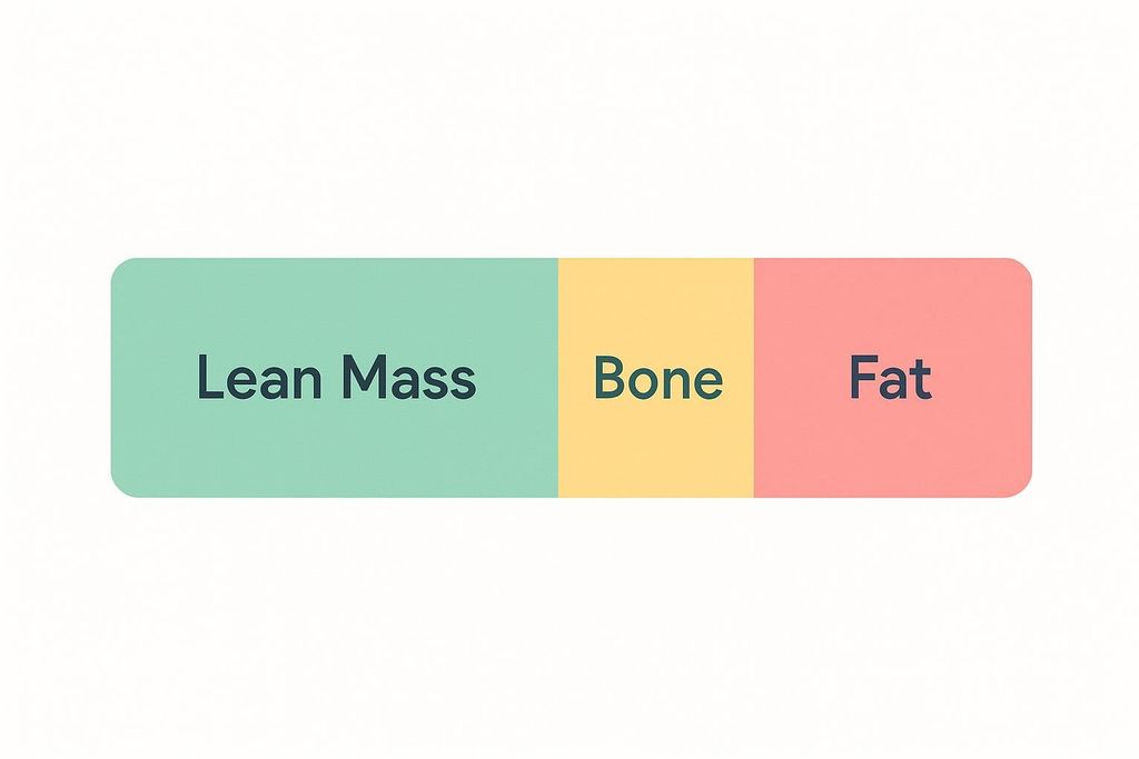 A horizontal stacked bar chart showing three distinct sections labeled 'Lean Mass', 'Bone', and 'Fat' in different colors: green, yellow, and red, respectively.