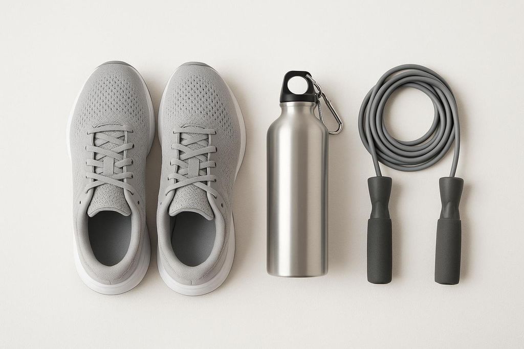 Overhead view of cleanly arranged sports and fitness equipment.