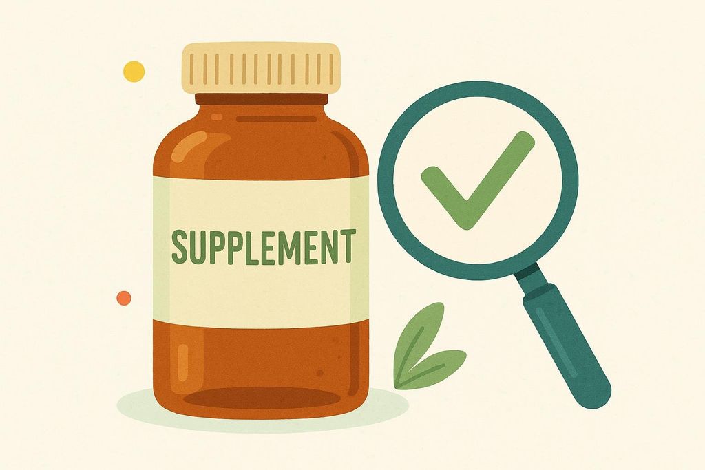 An illustration of a brown bottle labeled 'SUPPLEMENT' next to a magnifying glass revealing a green checkmark, symbolizing third-party quality testing and approval.