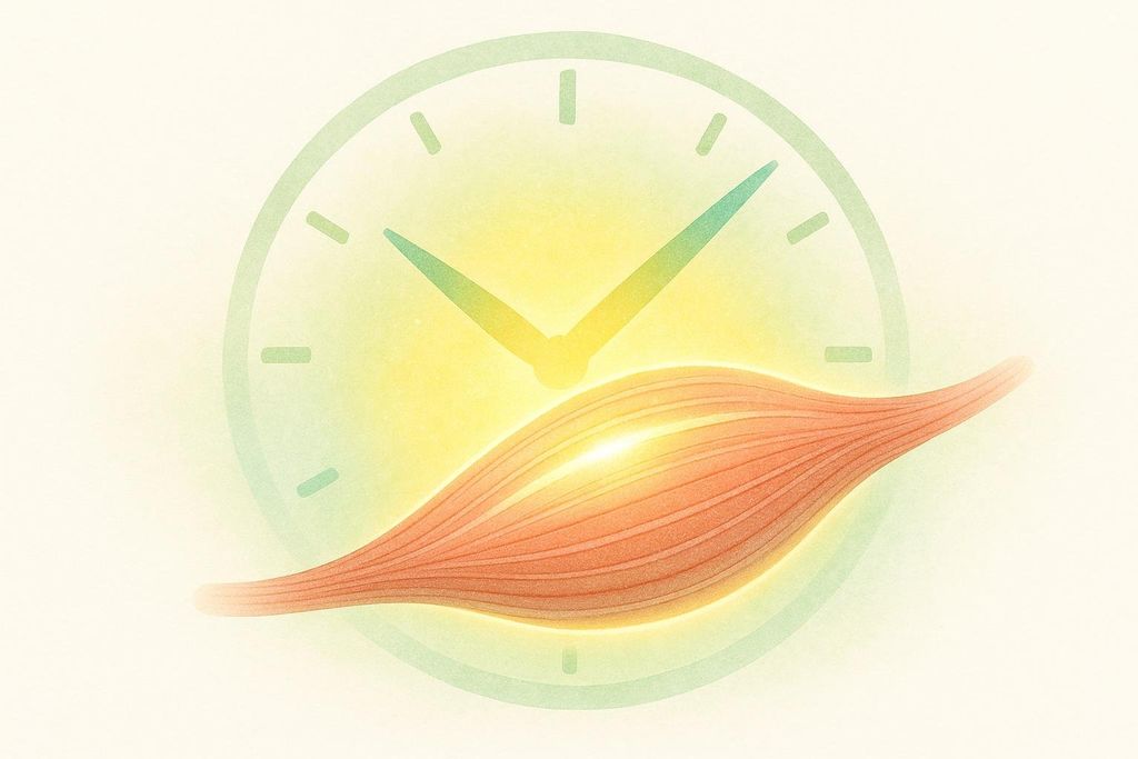 An illustration of a glowing, healthy muscle fiber superimposed over a clock face, with the clock hands pointing to a time that could signify continuous activity, suggesting ongoing muscle building and recovery.