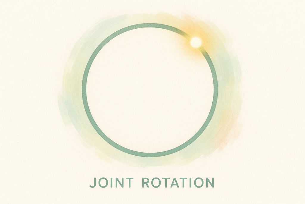 An abstract diagram showing a full circular joint rotation path. A green circle outlines the path, with a white, glowing dot indicating a point on the circle. The background features soft, watercolor-like washes of yellow, green, and orange, suggesting movement within the circle. The words 'JOINT ROTATION' are written in green below the diagram.
