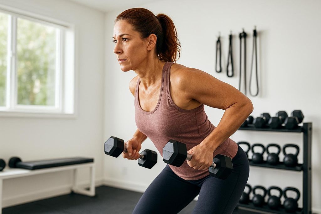 A woman in a sports tank top and leggings is performing bent-over dumbbell rows in a home gym. She is maintaining a focused expression, demonstrating proper form for resistance training.