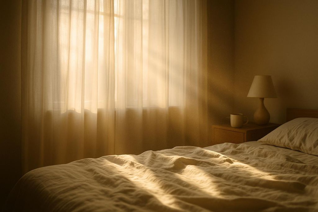 Serene morning sunlight streaming through sheer curtains and onto a bed, illuminating dust motes in the air. A lamp and mug sit on a bedside table.