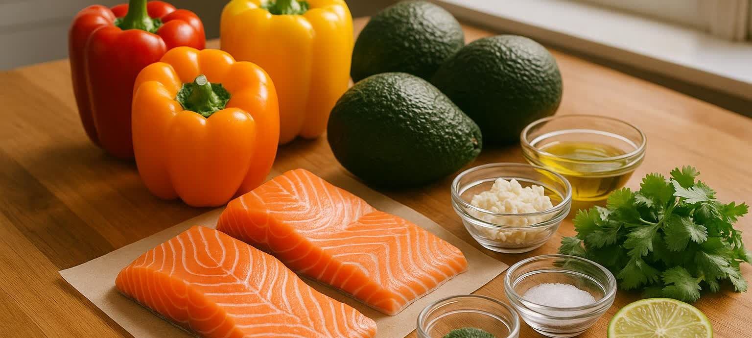 A spread of fresh cooking ingredients on a wooden table, including two salmon fillets, red, orange, and yellow bell peppers, three avocados, cilantro, olive oil, minced garlic, sea salt, dried herbs, and a slice of lime.