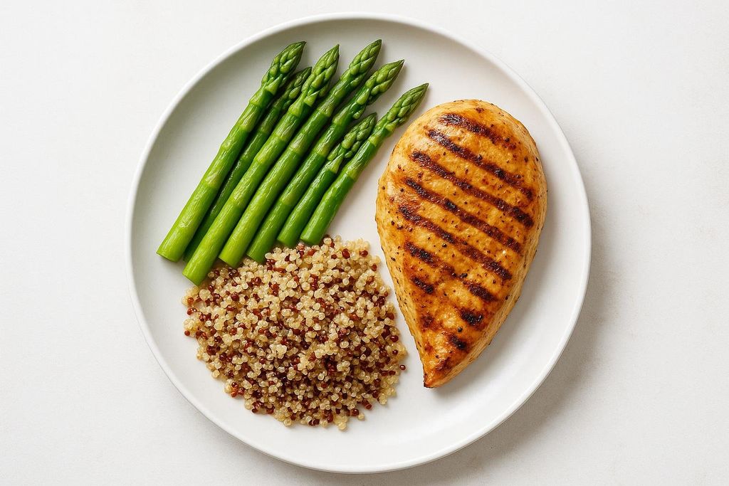 A plate of grilled chicken, quinoa, and asparagus.