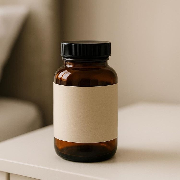 Amber supplement bottle on a bedside table