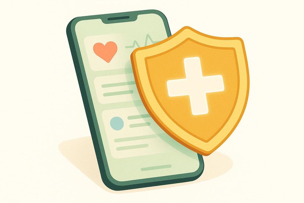 An illustration of a smartphone displaying elements like a heart icon and a heartbeat line, with a golden shield icon featuring a white medical cross overlapping it. This symbolizes the importance of data privacy and safety in femtech applications.