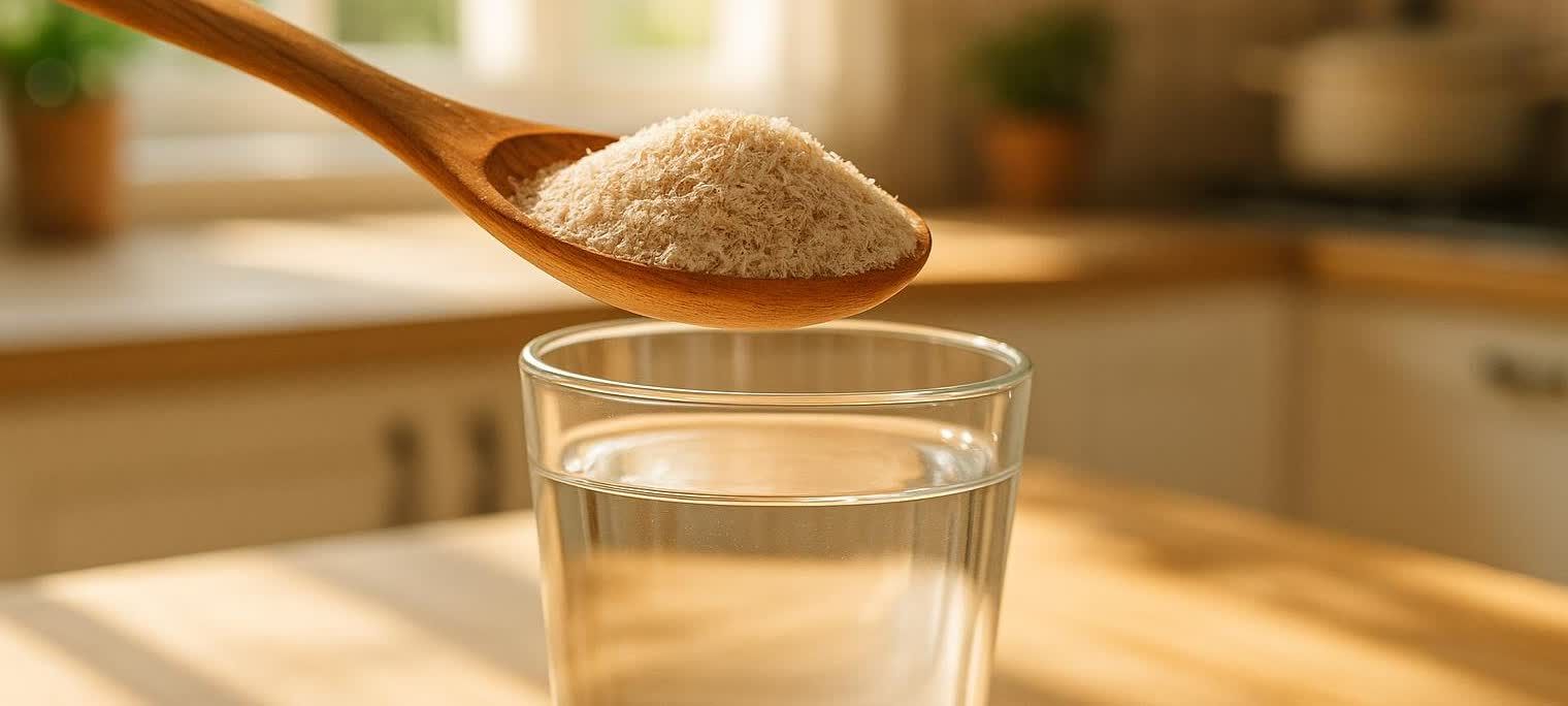 A wooden spoon holds a pile of light brown psyllium husk powder over a clear glass of water, ready to be mixed. A kitchen counter and window are blurred in the background.