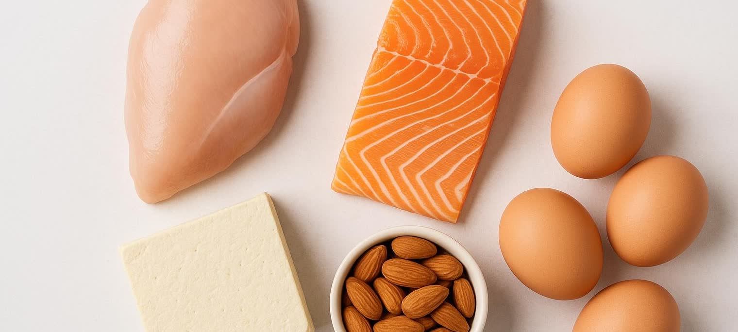 An assortment of foundational high-protein, low-carb foods including chicken breast, salmon fillet, a block of tofu, a bowl of almonds, and several brown eggs, arranged on a white surface.