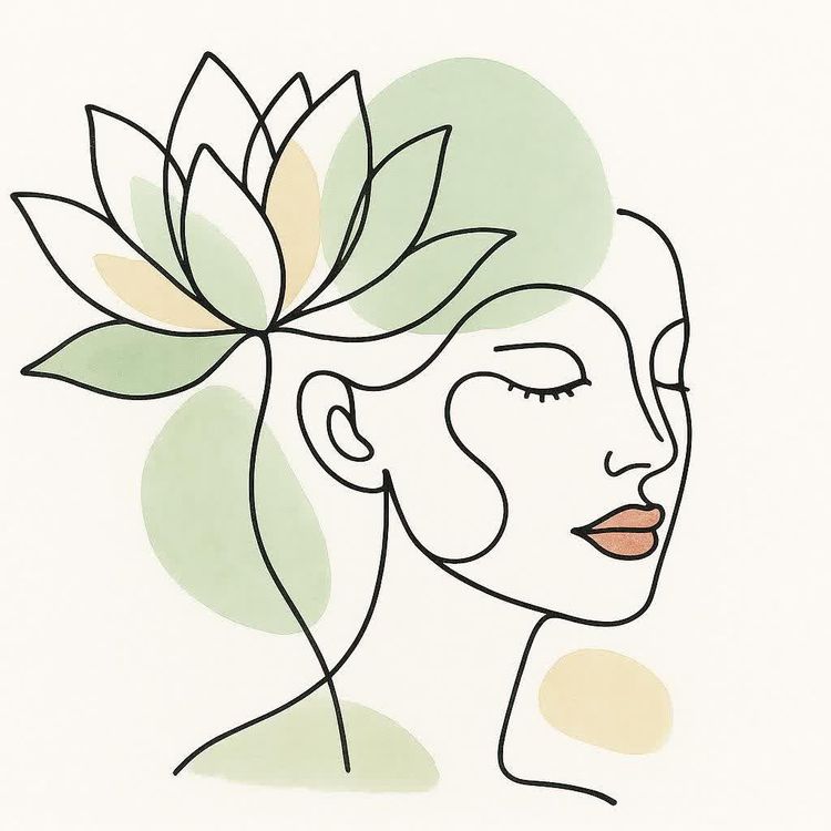 An abstract continuous line art drawing of a woman in profile with a lotus flower emerging from the back of her head, with soft green and peach watercolor splots in the background.