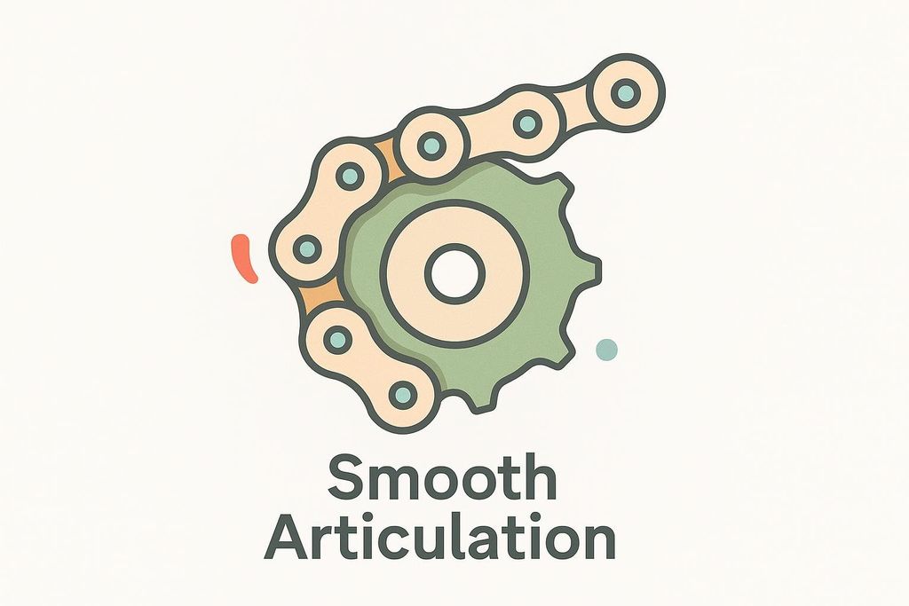 An icon depicting a bicycle chain meshed with a gear, with the words 'Smooth Articulation' below it. The chain and gear are stylized in pastel colors.