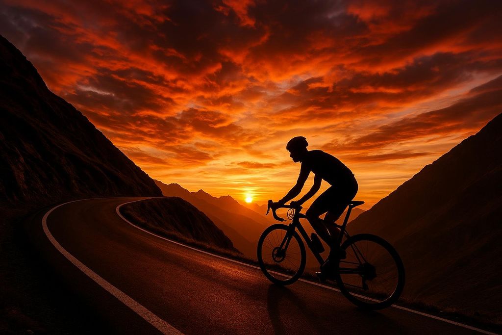 A silhouette of a cyclist riding a road bike up a winding mountain road against a dramatic orange and red sunset sky, with the sun just above the horizon.