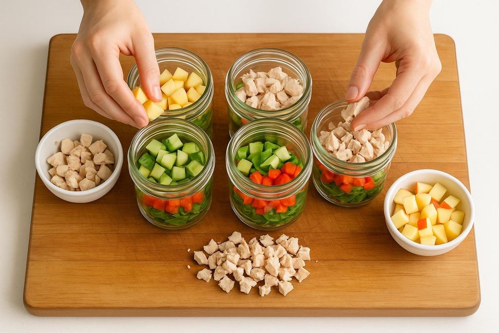 Hands meal prepping high-protein chicken apple salads in jars on a kitchen counter.
