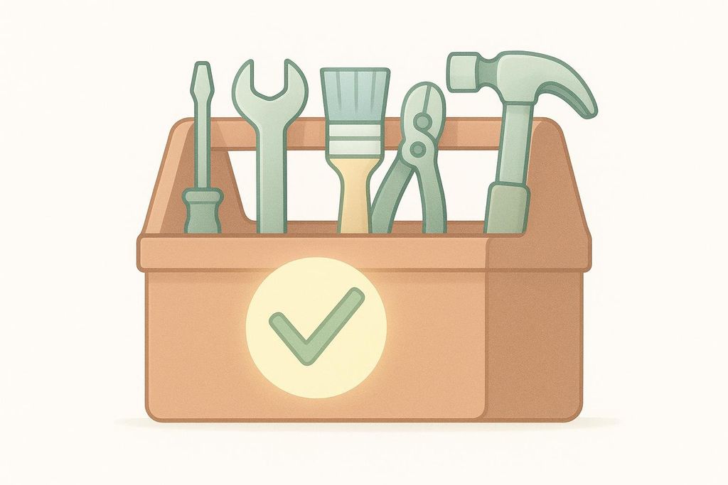 An illustration of a brown toolbox filled with various tools (screwdriver, wrench, paintbrush, pliers, hammer). A glowing yellow circle with a green checkmark is centered on the front of the toolbox, symbolizing quality or completion.