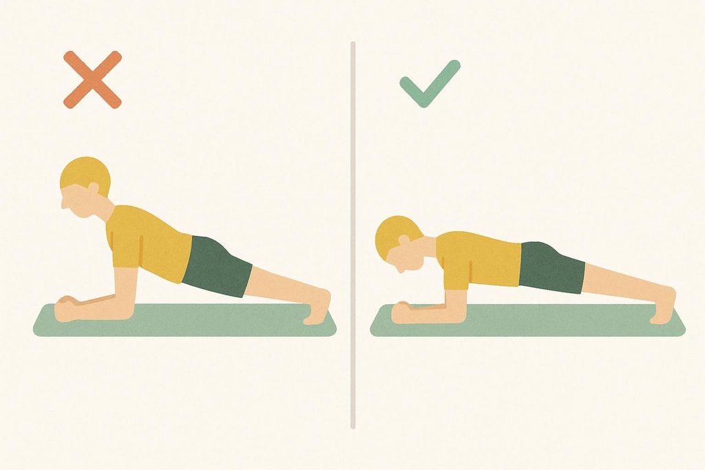 A comparison diagram showing incorrect plank form with a craned neck (left) next to correct plank form with a neutral spine (right).