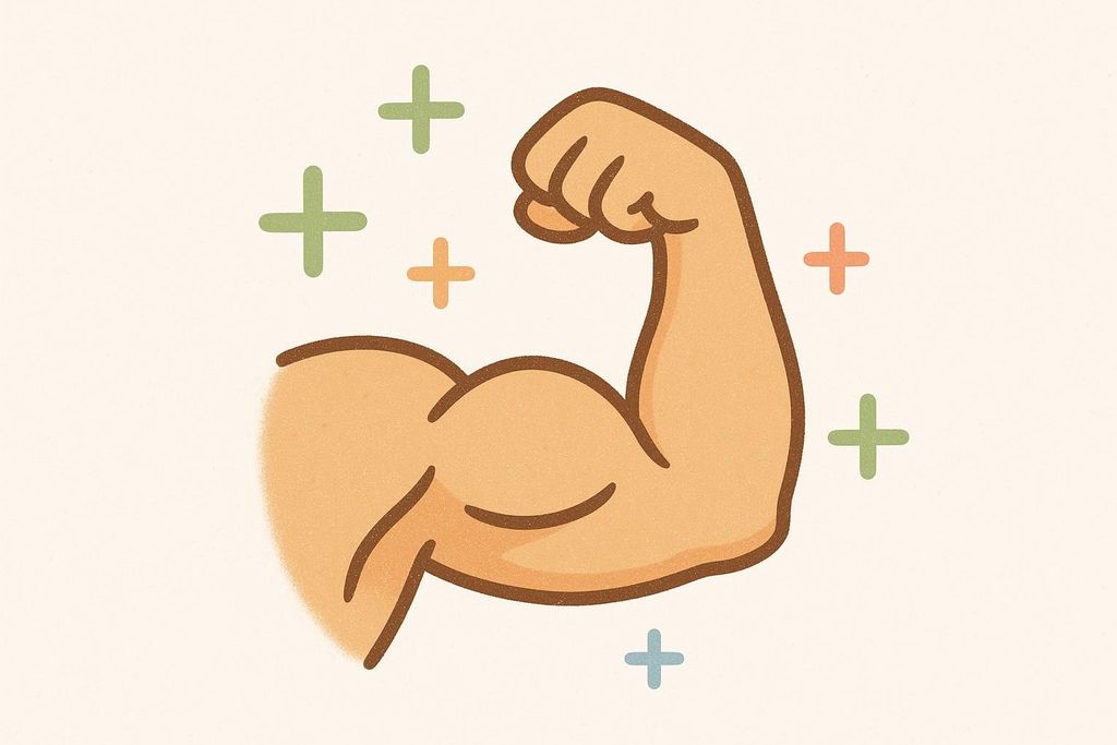 An illustration of a flexing bicep with several pastel-colored plus signs floating around it, representing muscle growth and the positive effects of training.