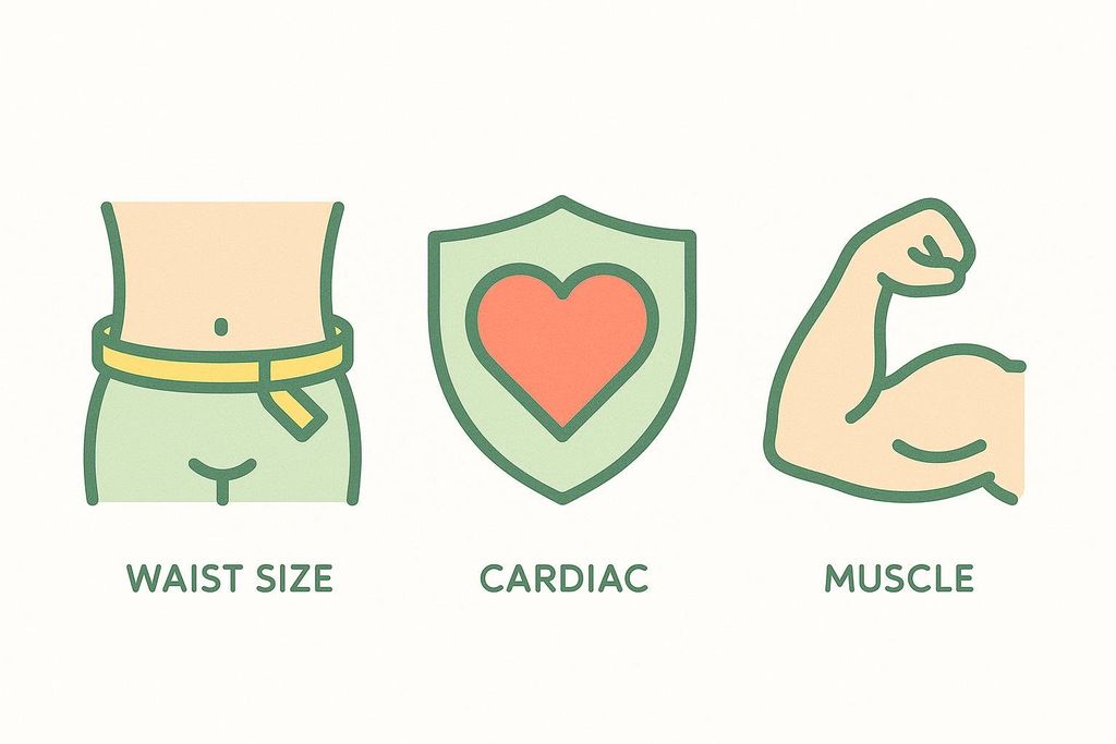 Three outlined health icons: a person's torso with a measuring tape around their waist, a heart within a shield representing cardiac health, and an arm flexing a bicep for muscle.
