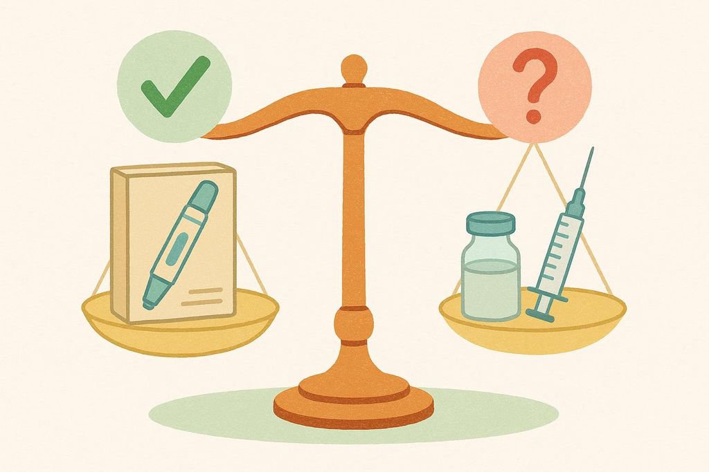 An illustration of a balance scale with an FDA-approved injection pen and a green checkmark on one side, and an unapproved compounded vial and syringe with a red question mark on the other side, symbolizing the comparison of safety and legitimacy.