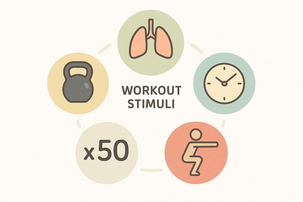 An infographic that displays five circular icons, each representing a different CrossFit workout stimulus: lungs (cardio), a kettlebell (weight), a clock (time domain), 'x50' (repetitions), and a person squatting (movement).