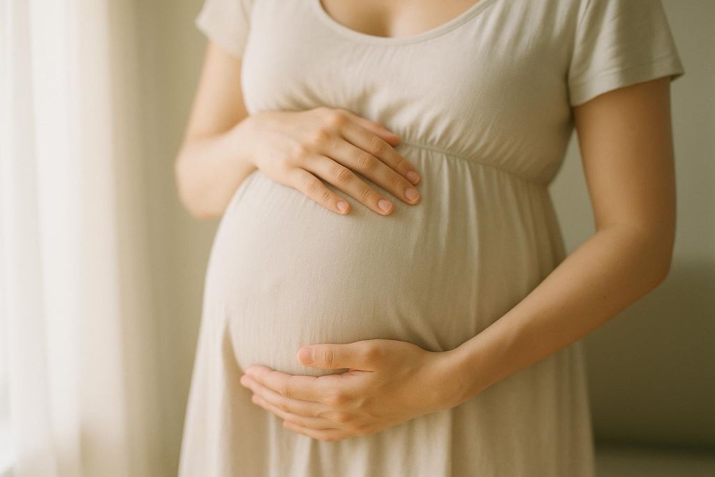 Close-up of a pregnant woman in a light-colored dress, gently holding her belly with both hands, expressing care and anticipation.