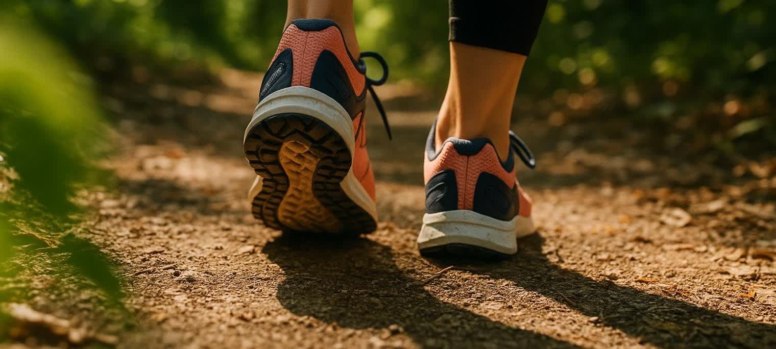 Close-up of walking shoes on a sunny forest path, symbolizing the start of a fitness journey.