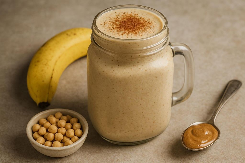 A creamy chickpea protein smoothie in a mason jar, topped with cinnamon. It's next to a banana, a bowl of roasted chickpeas, and a spoon of almond butter.