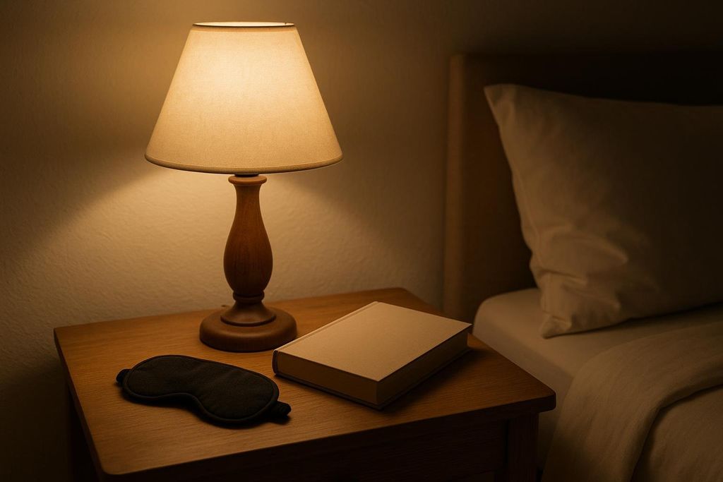 A warm, dimly lit photo showing a wooden bedside table with a lit lamp, a closed book, and a black sleeping mask. A bed with a white pillow is visible to the right.