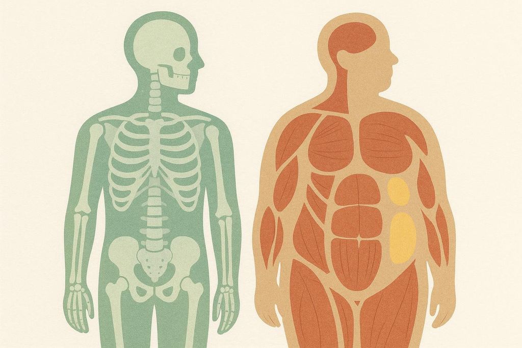 Illustration of a human silhouette showing a skeleton on the left and muscles and fat on the right, highlighting different focuses for medical diagnosis.