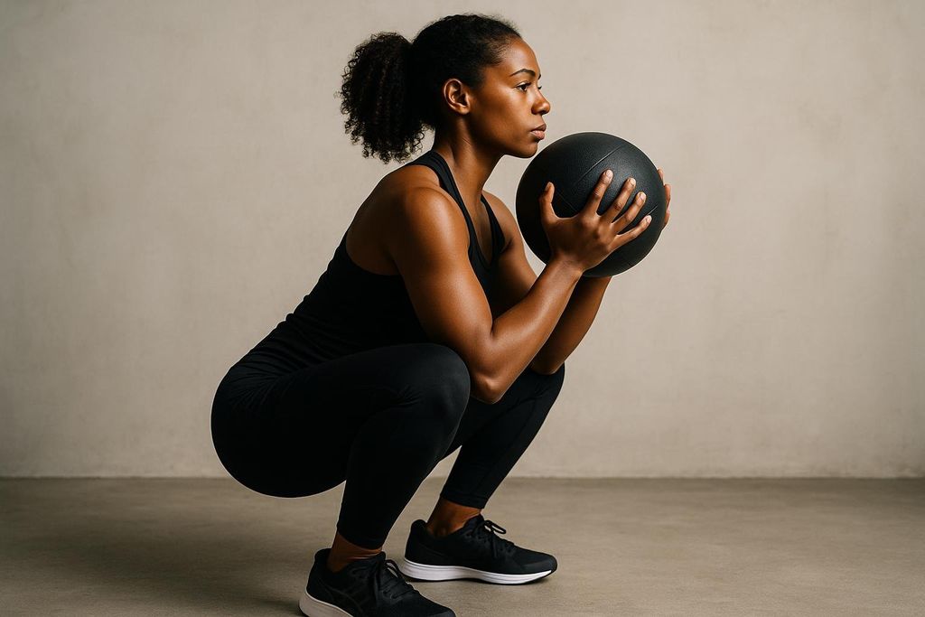 A woman with perfect form at the bottom of a medicine ball goblet squat, holding a black medicine ball. She is wearing all black activewear and black sneakers.