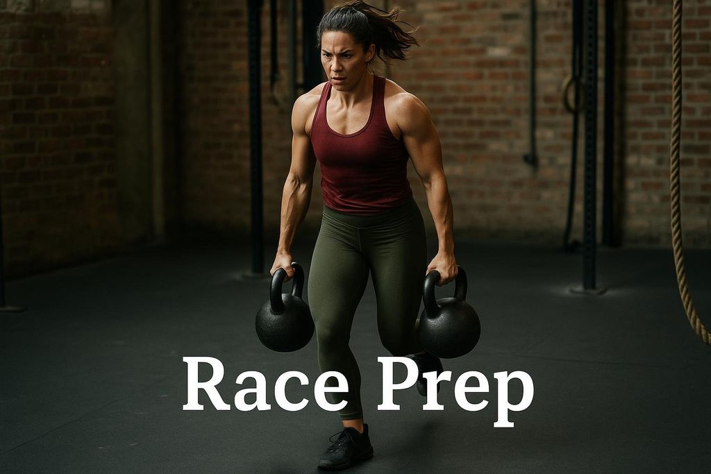 A strong female athlete with a focused expression, wearing a maroon tank top and green leggings, performs walking lunges or carries two heavy black kettlebells in a gym. The text 'Race Prep' is overlaid on the image.