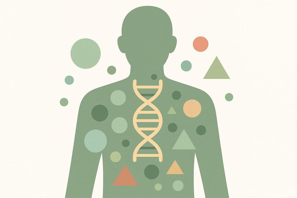 An abstract silhouette of a human torso containing a DNA double helix, surrounded by various colored circles and triangles, representing human genetics and metabolism.