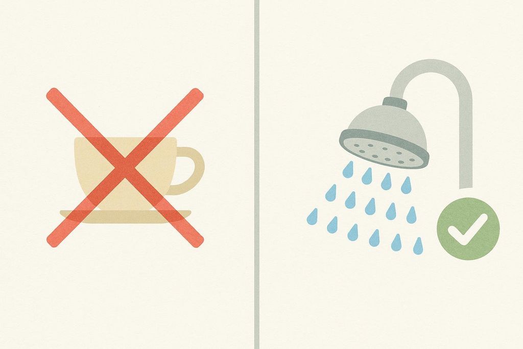 An illustration showing a coffee cup crossed out on the left and a shower head with falling water and a checkmark on the right. This represents choosing a cold shower over coffee for a healthy morning energy boost.