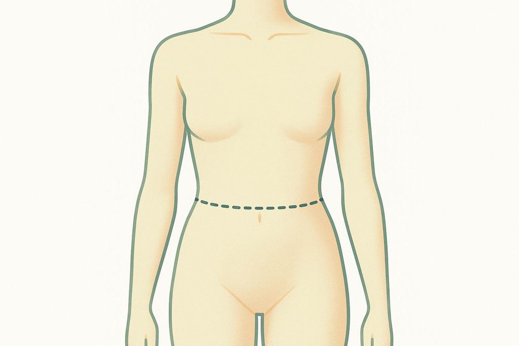 An illustration of a torso with a dashed line indicating the correct landmark for measuring waist circumference.