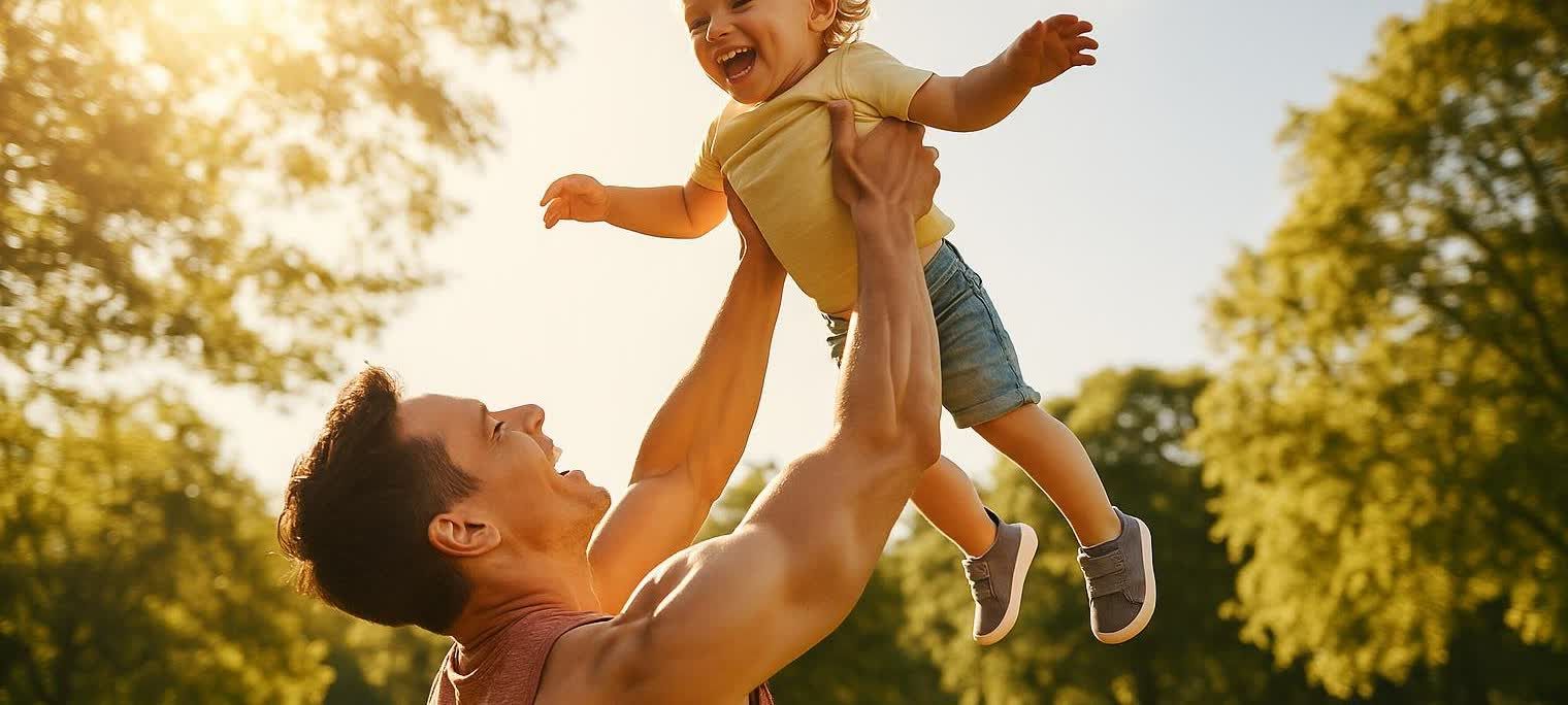 A father lifts his happy child into the air in a sunny park, bathed in golden light.