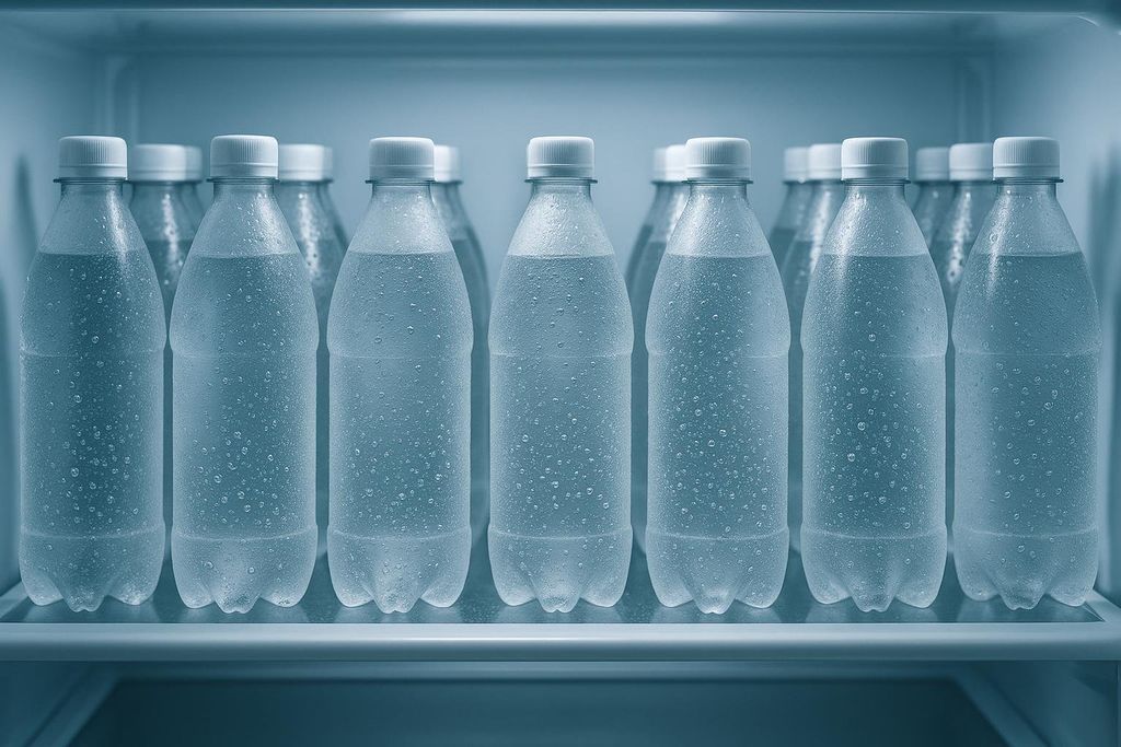 A full refrigerator shelf with several rows of cold, clear plastic water bottles covered in condensation. The bottles have white caps and are neatly lined up.