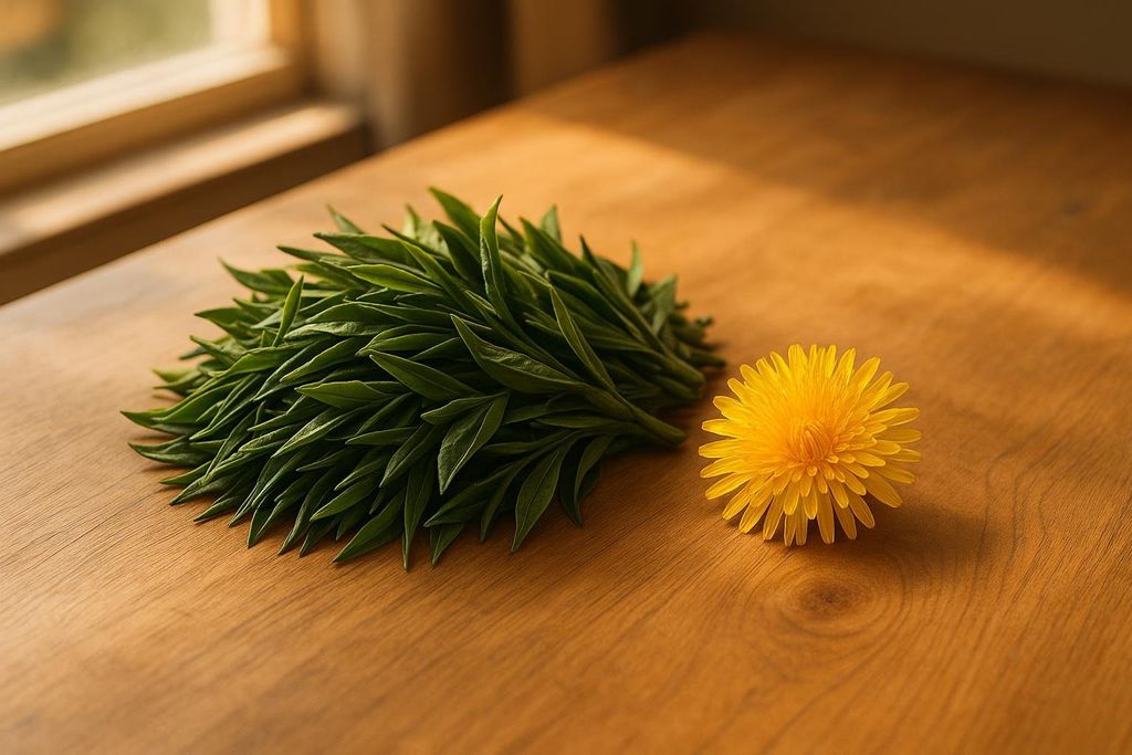 Fresh green tea leaves and a dandelion blossom on an oak table