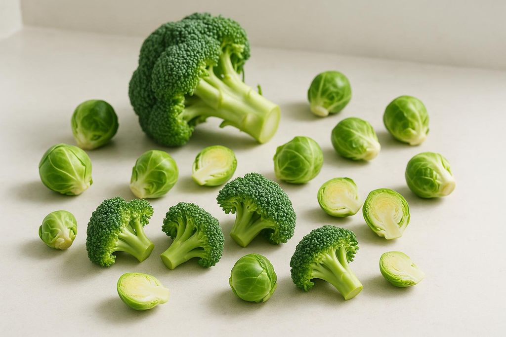 A whole head of broccoli, several broccoli florets, and numerous whole and halved Brussels sprouts are arranged on a light-colored surface.