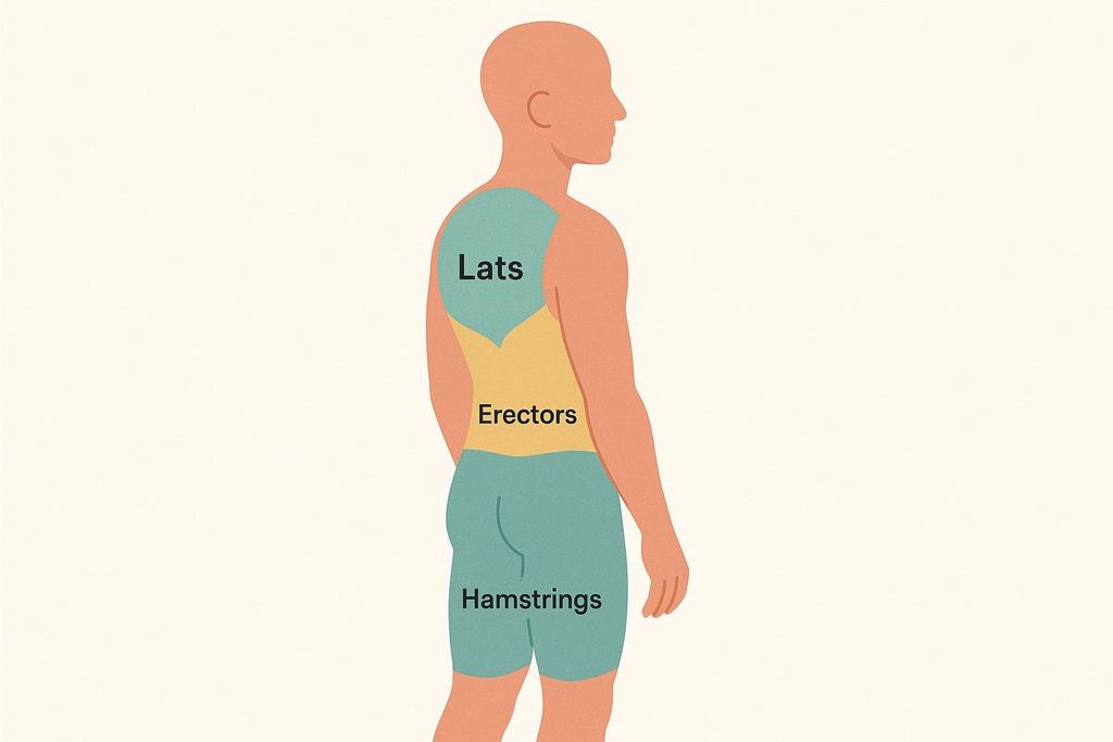 A diagram of the human back and upper legs, highlighting the 'Lats' in teal, 'Erectors' in yellow, and 'Hamstrings' in teal, which represent the posterior chain muscles worked during a deadlift.
