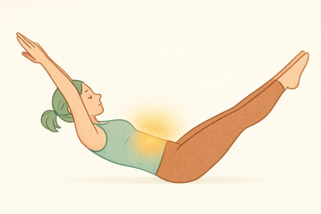 Illustration showing the correct 'hollow body' position with an engaged core and protected lower back, indicated by a glow in the abdominal area. The person is lying on their back with arms extended overhead and legs lifted, demonstrating proper form for the exercise.