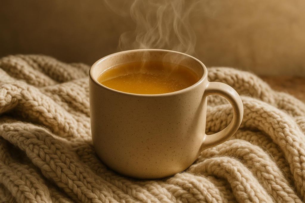 A steaming mug of golden bone broth sits on a cozy, cream-colored chunky knit blanket, creating a warm and inviting scene.