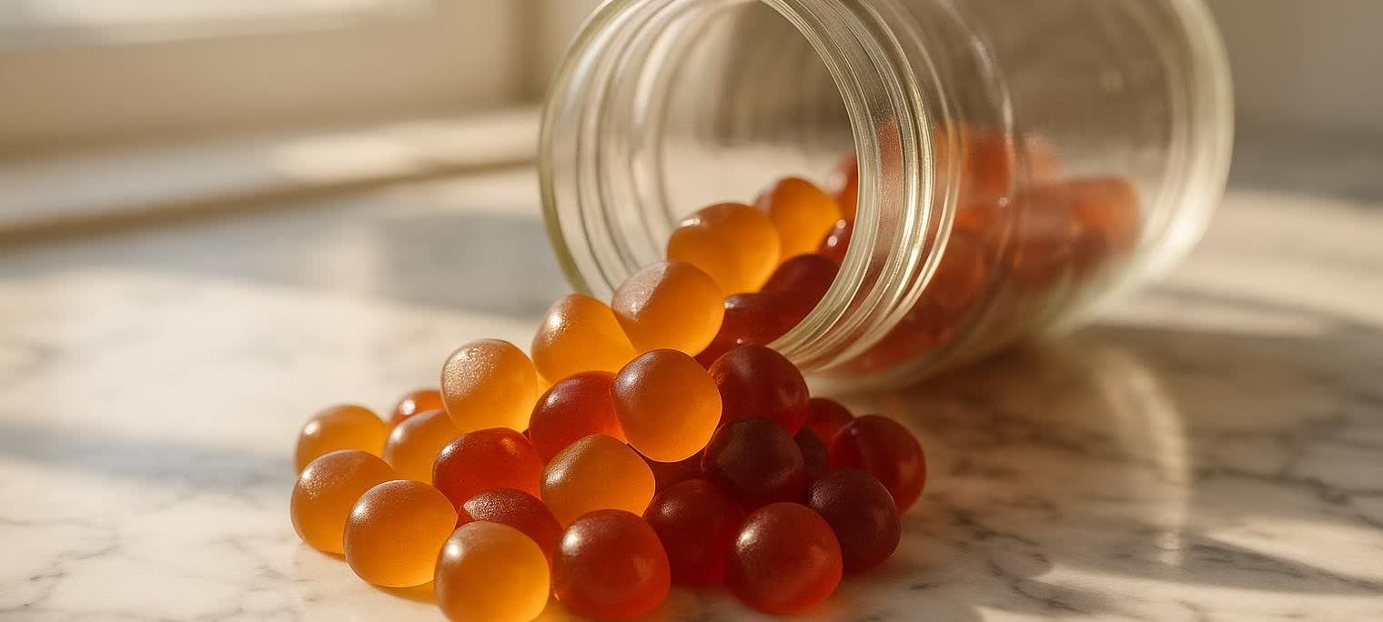 Amber and red gummy vitamins spilling out of a clear glass jar onto a white marble counter. The gummies are illuminated by natural light, showing their slightly translucent texture.