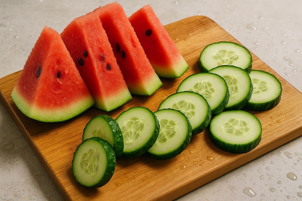 Several triangular slices of watermelon and round slices of cucumber arranged on a wooden cutting board, with water droplets visible on the board and surrounding countertop. The image highlights fresh, water-rich foods.