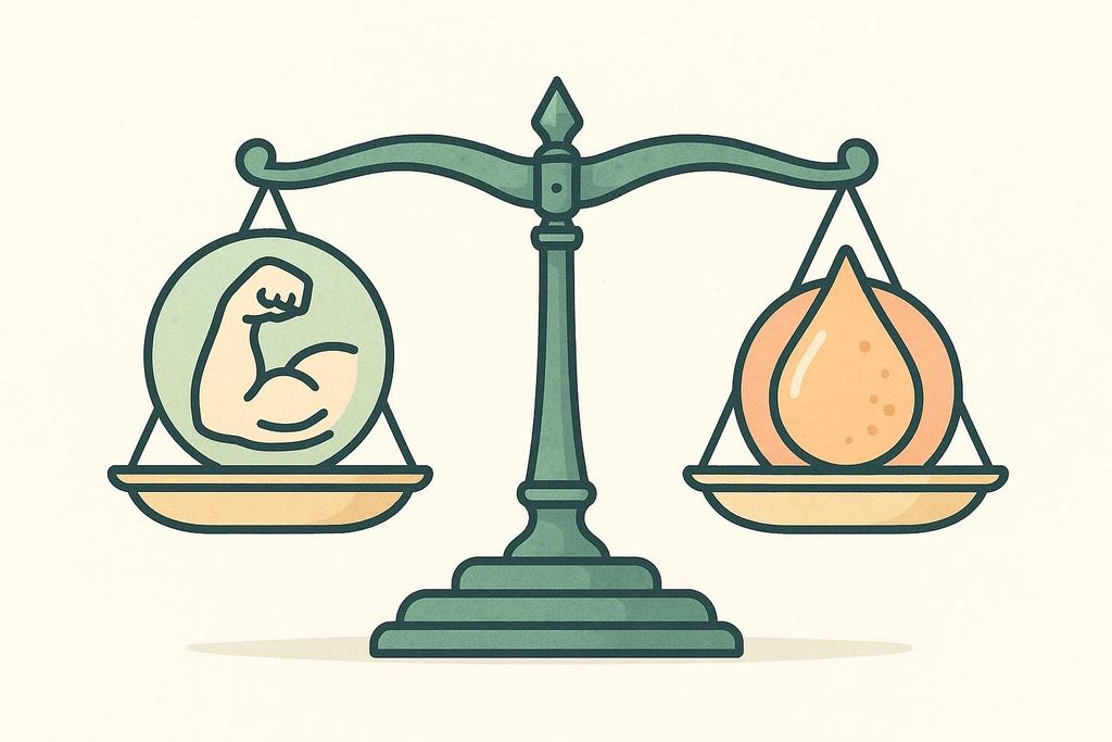 An illustration of a balance scale with a muscle icon on one side and a fat icon on the other, representing body recomposition.