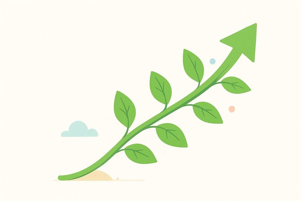 An illustration of an upward trending vine with leaves, ending in an arrow pointing up and to the right, representing a gradual fiber ramp-up or growth.