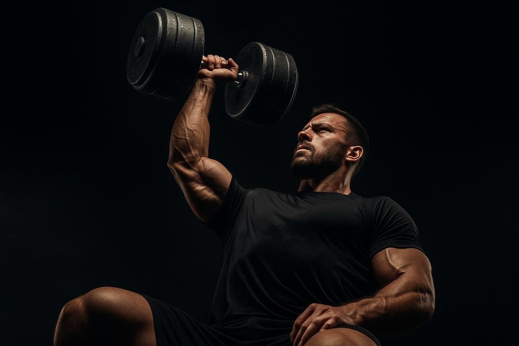A muscular man in a black t-shirt and shorts lifts a heavy dumbbell overhead with one arm, his face showing intense focus against a dark background.